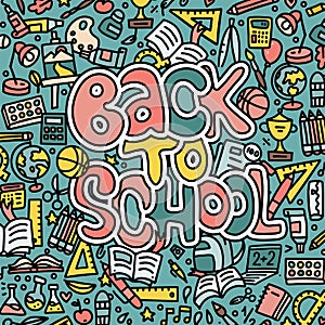 Hand drawn back to school banner with doodles and sketch style lettering and education icons, study symbols on