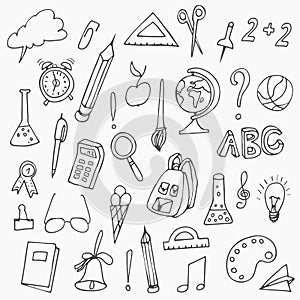 Hand drawn back to school doodles. Vector illustration of school supplies. Back to School.