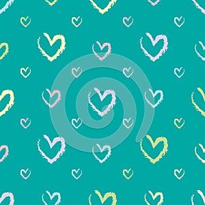 Hand drawn background with colored hearts. Seamless wallpaper. Abstract texture with love elements. Lovely pattern