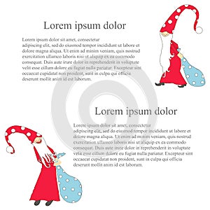 Hand drawn background cute fairy gnomes with blue gift bag, Lorem Ipsum