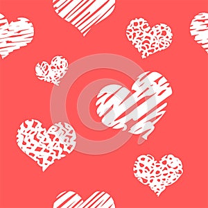 Hand drawn background with grunge hearts. Seamless grungy wallpaper on surface. Chaotic texture with many love signs. Lovely patte