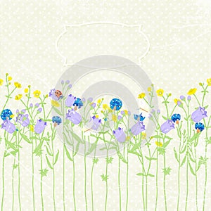 Hand drawn background invitation, wildflowers, butterfly and ladybug. vector illustration