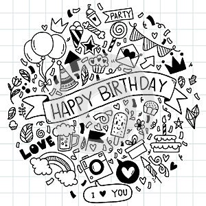 Hand drawn background Set of cute speech bubble eith text in doodle style