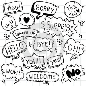Hand drawn background Set of cute speech bubble eith text in doodle style