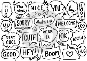 0081 hand drawn background Set of cute speech bubble eith text in doodle style