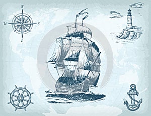 Hand drawn background with vintage sailing ship, compass, lighthouse, ship wheel, anchor and world map on old craft paper texture.