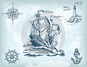 Hand drawn background with vintage sailing ship, compass, lighthouse, ship wheel, anchor and world map on old craft paper texture.