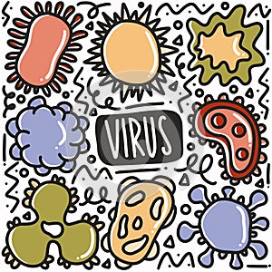 Hand drawn Bacteria, Microbe and Virus. Icon design element, art, doodle illustration.