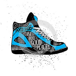 Hand drawn badge with sneakers textured vector illustration.