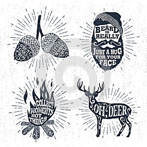 Hand drawn badges set with acorns, bearded face, bonfire, and deer illustrations.