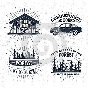Hand drawn badges set with wooden cabin, pickup truck, saw, and spruce forest illustrations.