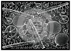 Hand Drawn of Bael and Otaheite Gooseberry Fruits on Chalkboard