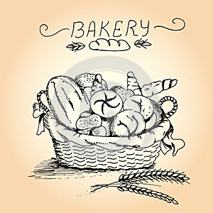 Hand drawn bakery in the basket