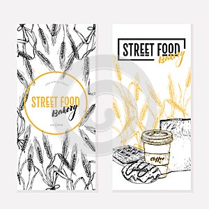 Hand drawn bakery flyers. Street food creative banner.Wheat barrels, cofee, donut, waffles, paper bag. engraved vector