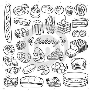 Hand drawn bakery illustrations. Bread, cakes, cupcakes, sweet desserts sketched drawings for cafe and menu decorations