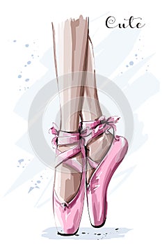 Hand drawn ballet dancer legs in pointe shoe. Sketch.
