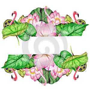 Hand drawn banner of watercolor flamingos,lotus flowers