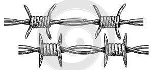 Hand drawn barbed wire sketch in engraving style. Sharp barbwire border chain. Vector illustration photo
