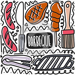 hand drawn barbeque equipment doodle set