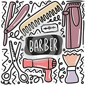 hand drawn barber equipment doodle set