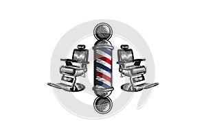 hand drawn barber pole and chair logo Designs Inspiration Isolated on White Background.