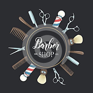 Hand drawn Barber Shop frame with  razor, scissors, shaving brush, comb, classic barber shop Pole in sketch style. Lettering.