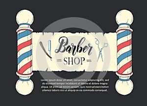 Hand drawn Barber Shop poster with  razor, scissors, shaving brush, comb, classic barber shop Pole in sketch style on black.
