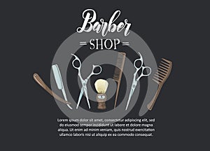 Hand drawn Barber Shop poster with  razor, scissors, shaving brush, comb, classic barber shop Pole in sketch style on black.