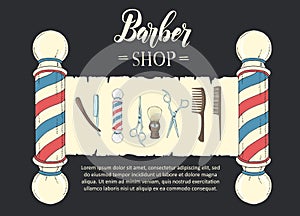 Hand drawn Barber Shop poster with  razor, scissors, shaving brush, comb, classic barber shop Pole in sketch style on black.