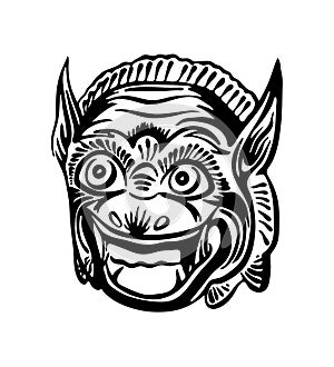 Hand drawn Barong mask. Vector black ink drawing isolated on white background. Graphic illustration