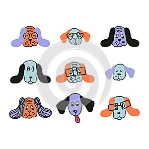 Hand drawn basset hound dog cartoon collection. Animalistic doodle set for T-shirt, stickers, print, poster. Cute isolated vector