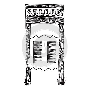 Hand drawn batwing doors. Vintage saloon swinging shutter vector illustration. Black isolated on white background