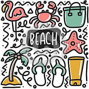 hand drawn beach holiday doodle set