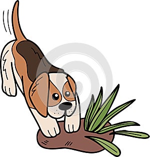 Hand Drawn Beagle Dog digging illustration in doodle style