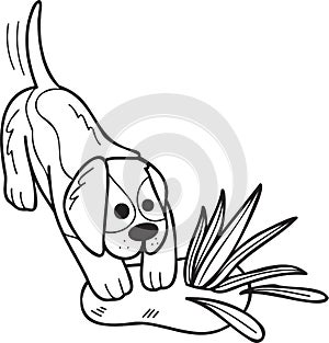 Hand Drawn Beagle Dog digging illustration in doodle style