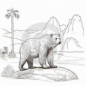 Hand Drawn Bear Illustration In Orientalist Landscape Style