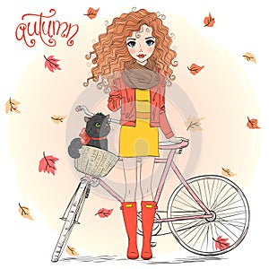 Hand drawn beautiful cute autumn girl with bicycles and black cat.
