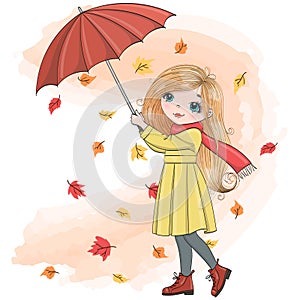 Hand drawn beautiful cute autumn girl with umbrella and leaves.