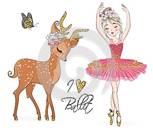 Hand drawn beautiful cute ballerina girl with little deer.