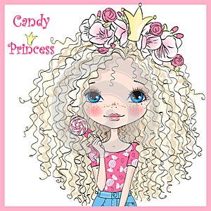 Hand drawn beautiful, cute, candy princess girl in a wreath with crown.