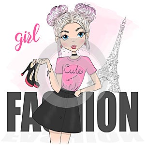 Hand drawn beautiful cute cartoon fashion girl. Vector illustration.