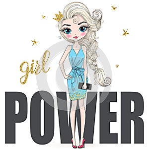 Hand drawn beautiful cute cartoon girl with crown and background with inscription girl power.