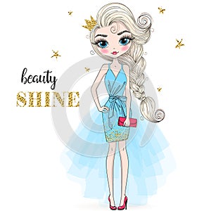 Hand drawn beautiful cute cartoon girl with crown and background with inscription girl power.