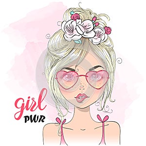 Hand drawn beautiful cute cartoon girl lipss and background with inscription girl power.