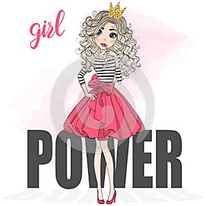 Hand drawn beautiful cute cartoon girl lipss and background with inscription girl power.