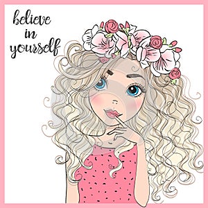 Hand drawn beautiful cute cartoon girl lipss and background with inscription girl power. photo