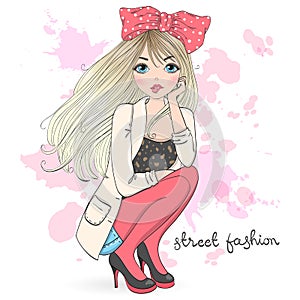 Hand drawn beautiful cute cartoon street fashion girl..