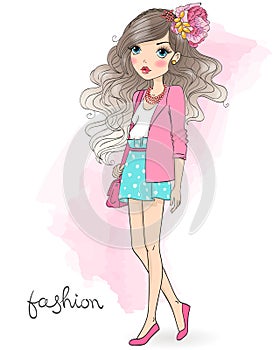 Hand drawn beautiful cute cartoon summer girl.