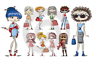 Hand drawn beautiful cute cartoon summer girls with bags. Vector illustration.