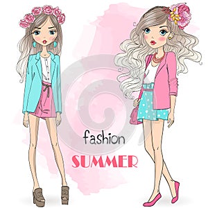 Hand drawn beautiful cute cartoon summer girls.